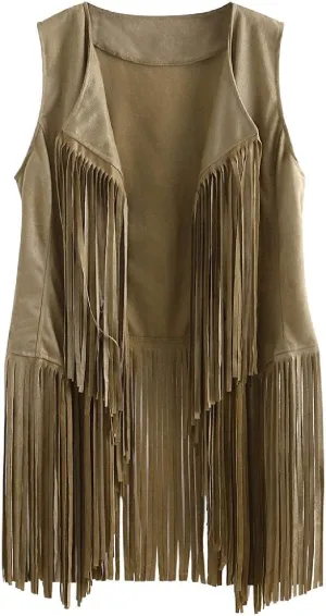 Womens Vintage Western Fringe Vest Tops Classic Suede Leather 70s Cowboy Shirt Sleeveless Tassels Cardigan Jackets