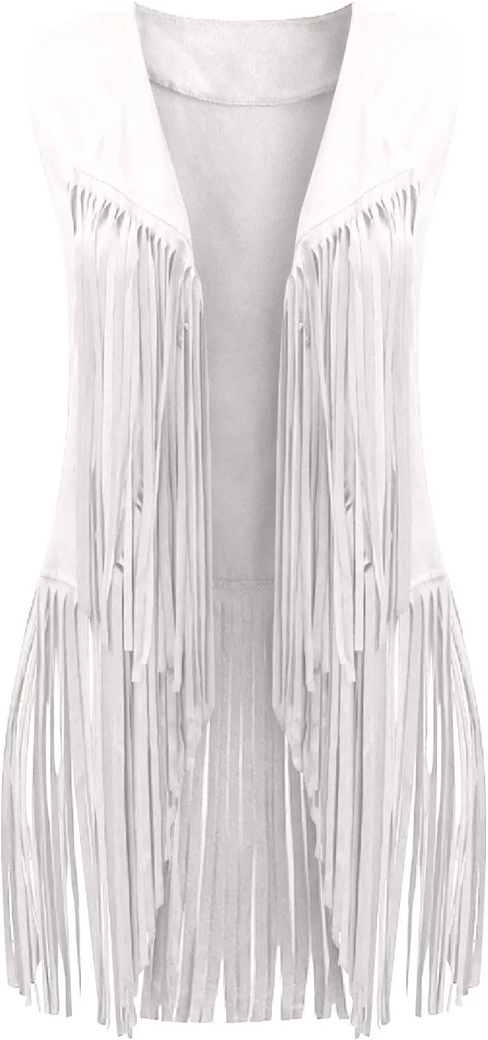 Womens Vintage Western Fringe Vest Tops Classic Suede Leather 70s Cowboy Shirt Sleeveless Tassels Cardigan Jackets