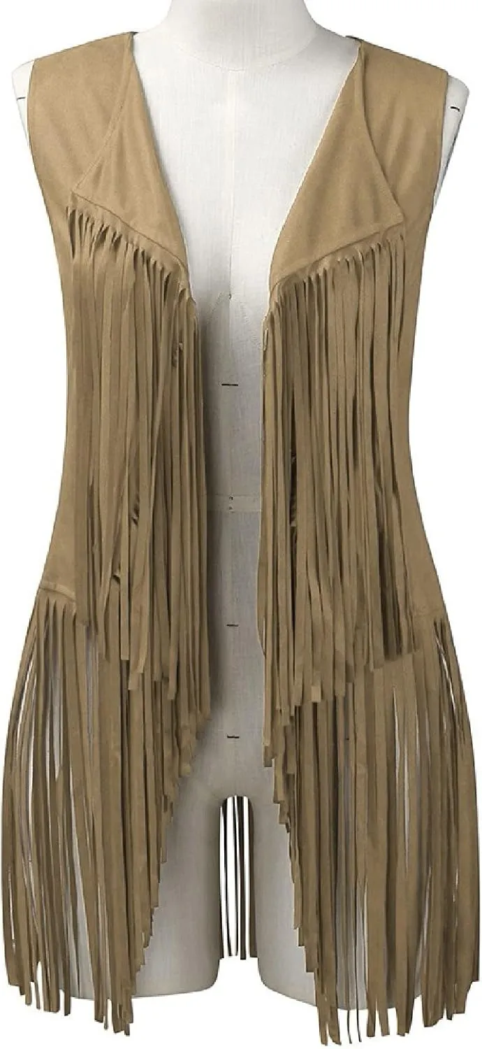 Womens Vintage Western Fringe Vest Tops Classic Suede Leather 70s Cowboy Shirt Sleeveless Tassels Cardigan Jackets