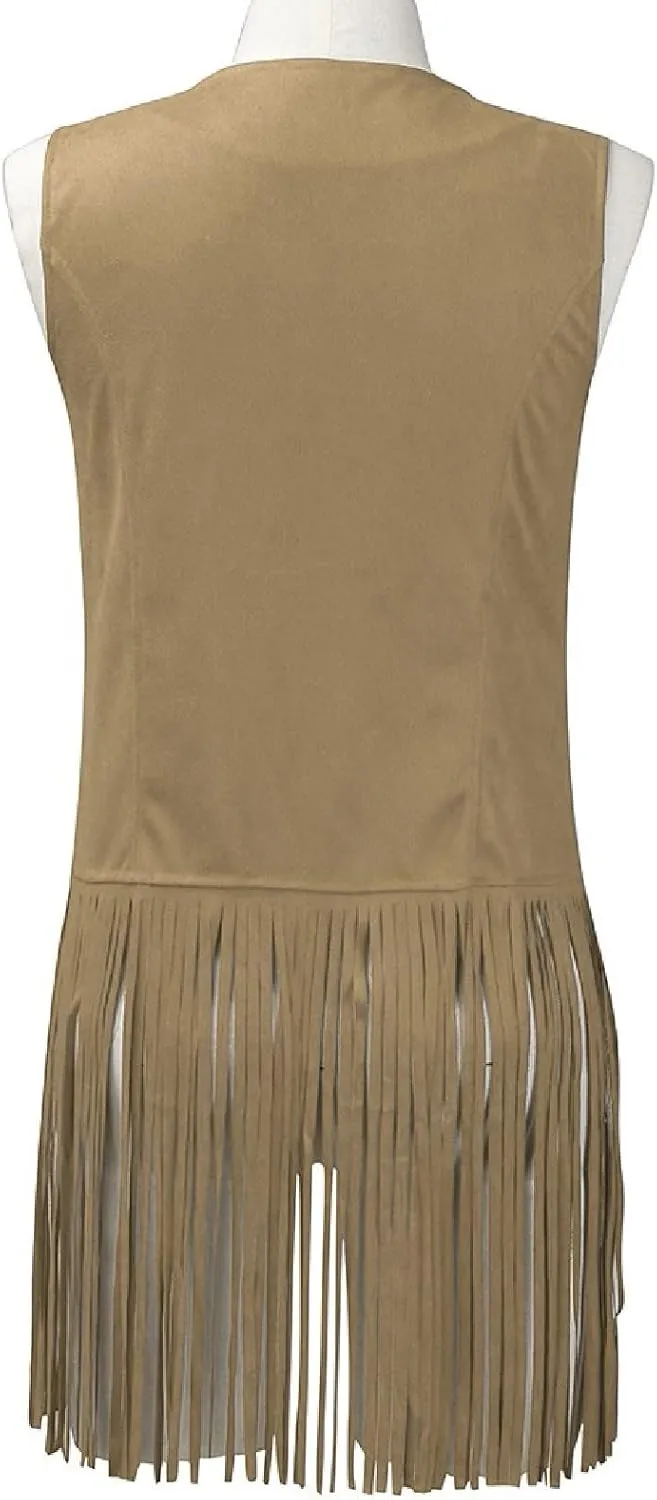 Womens Vintage Western Fringe Vest Tops Classic Suede Leather 70s Cowboy Shirt Sleeveless Tassels Cardigan Jackets