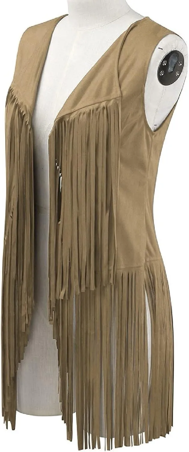 Womens Vintage Western Fringe Vest Tops Classic Suede Leather 70s Cowboy Shirt Sleeveless Tassels Cardigan Jackets