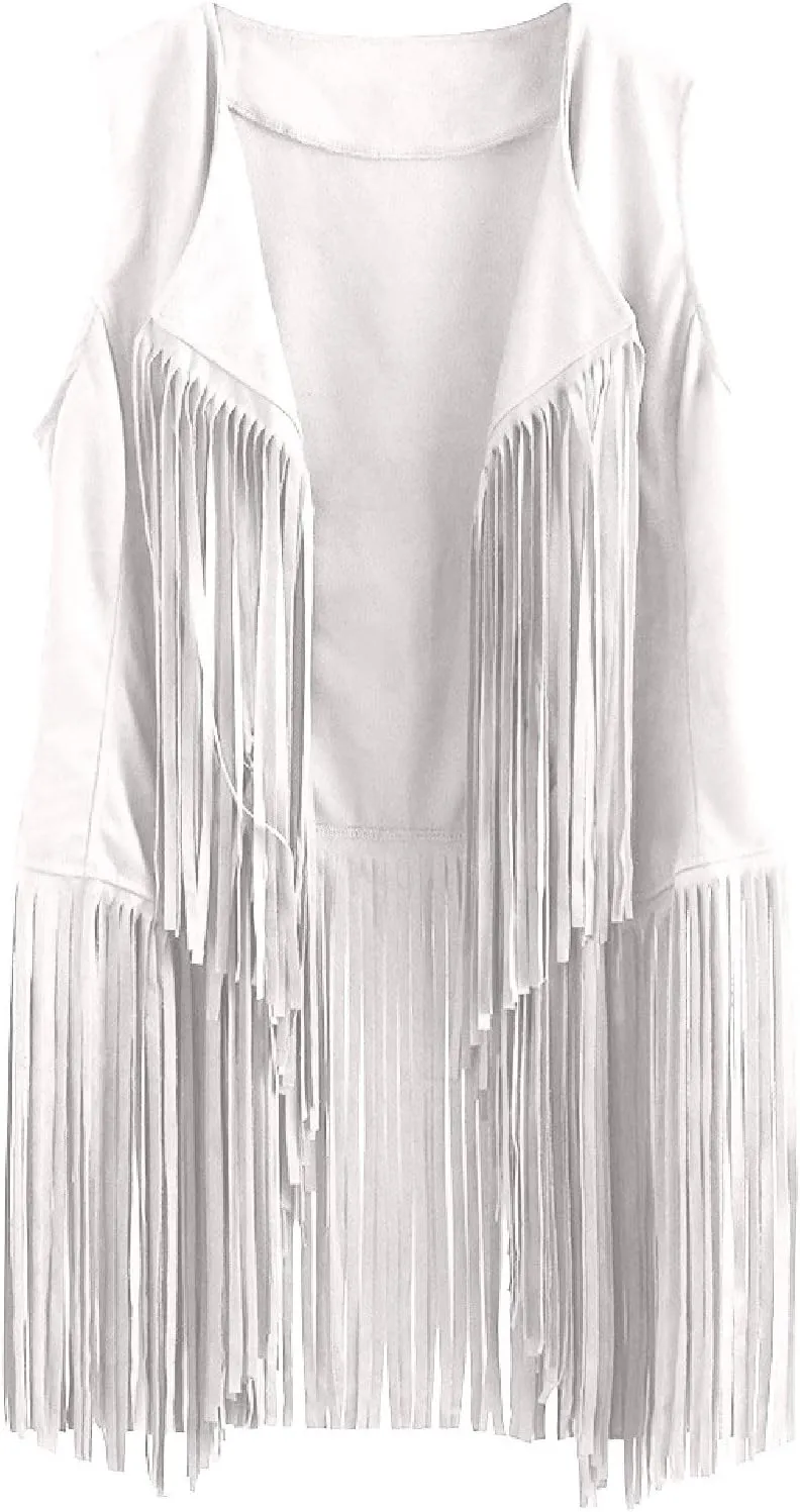 Womens Vintage Western Fringe Vest Tops Classic Suede Leather 70s Cowboy Shirt Sleeveless Tassels Cardigan Jackets