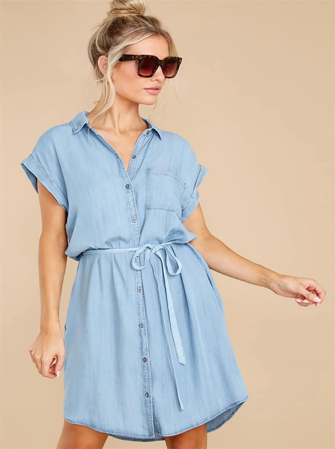 yoeasy Women Denim Drawstring Short Sleeved Shirt Dress Casual Tie Waist Classic Button Down Jean Shirt Dress