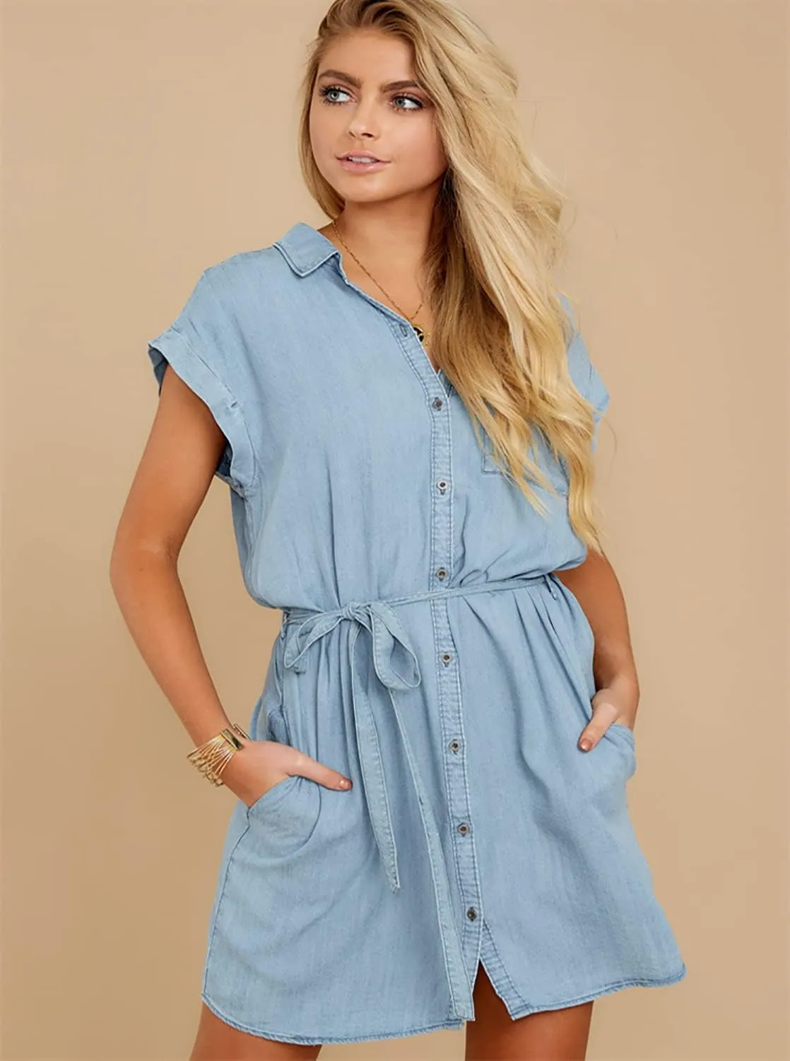 yoeasy Women Denim Drawstring Short Sleeved Shirt Dress Casual Tie Waist Classic Button Down Jean Shirt Dress