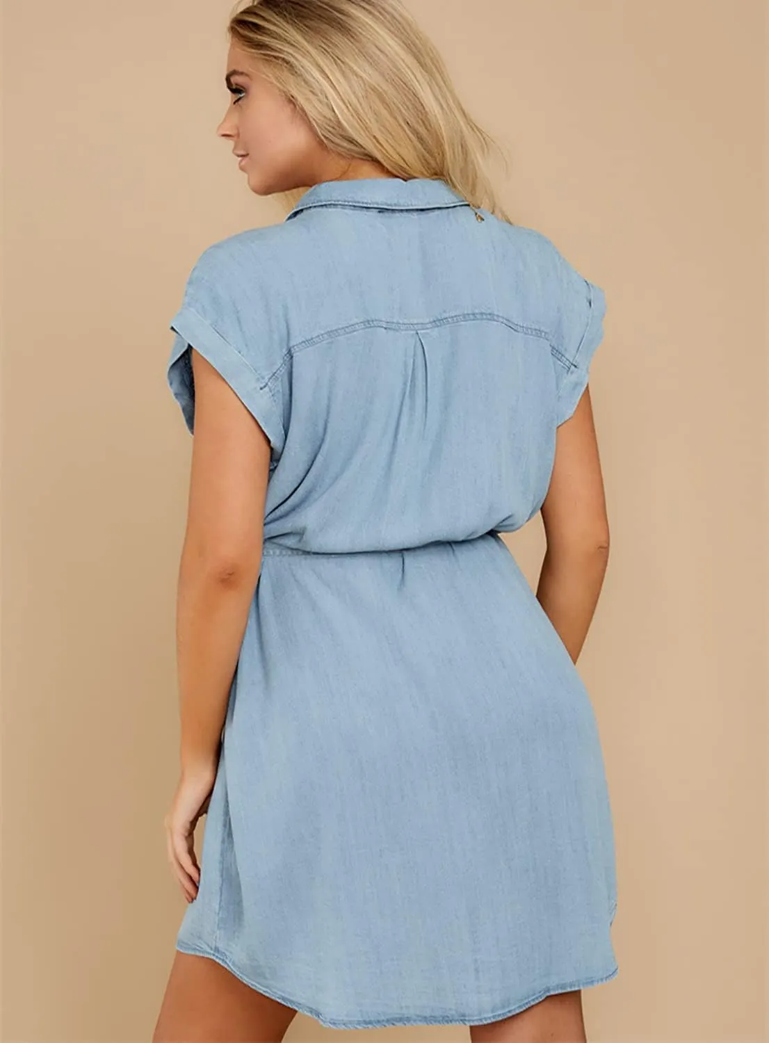 yoeasy Women Denim Drawstring Short Sleeved Shirt Dress Casual Tie Waist Classic Button Down Jean Shirt Dress