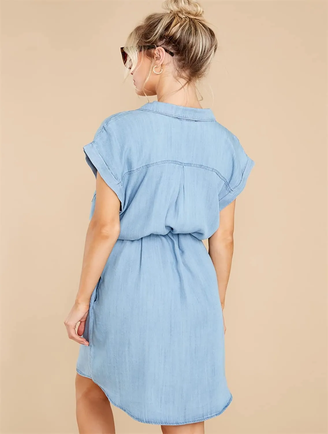 yoeasy Women Denim Drawstring Short Sleeved Shirt Dress Casual Tie Waist Classic Button Down Jean Shirt Dress