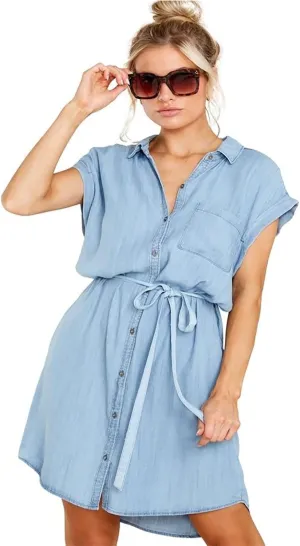 yoeasy Women Denim Drawstring Short Sleeved Shirt Dress Casual Tie Waist Classic Button Down Jean Shirt Dress
