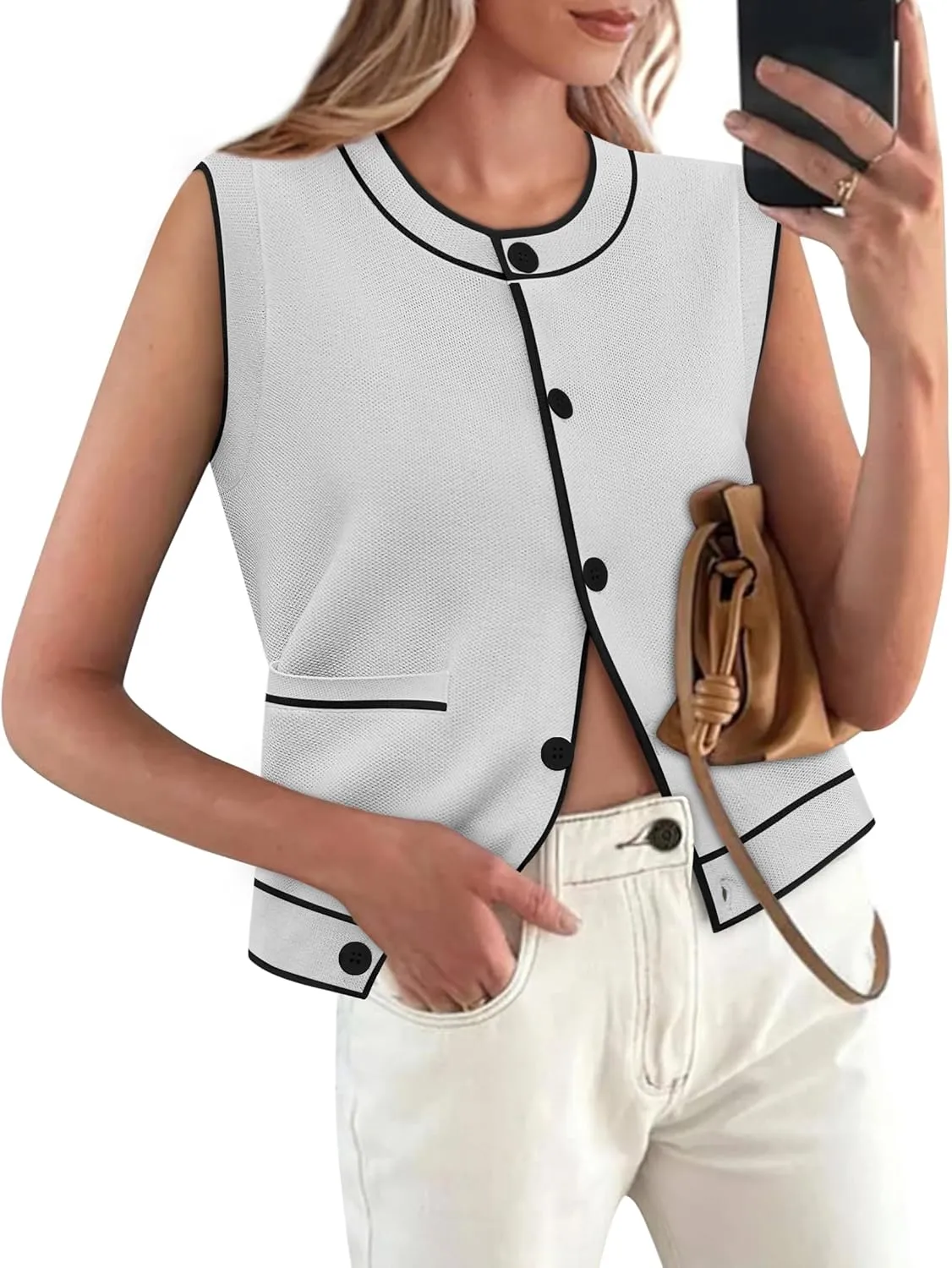 Yousify Womens Knit Tank Tops 2025 Summer Sleeveless Sweater Vest Round Neck Button Down Casual Cardigan with Pockets