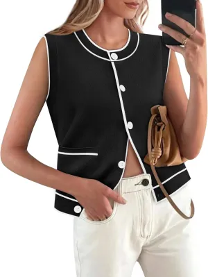 Yousify Womens Knit Tank Tops 2025 Summer Sleeveless Sweater Vest Round Neck Button Down Casual Cardigan with Pockets