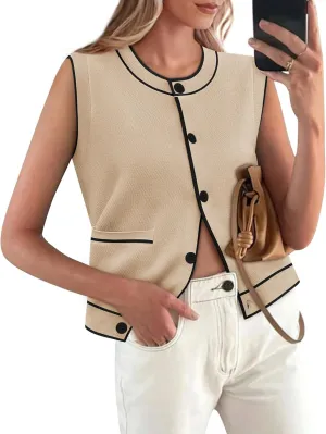 Yousify Womens Knit Tank Tops 2025 Summer Sleeveless Sweater Vest Round Neck Button Down Casual Cardigan with Pockets