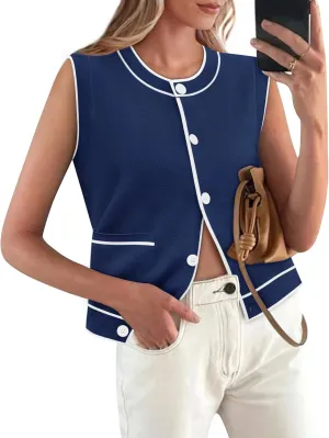 Yousify Womens Knit Tank Tops 2025 Summer Sleeveless Sweater Vest Round Neck Button Down Casual Cardigan with Pockets