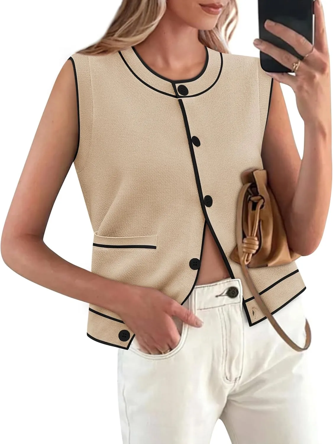 Yousify Womens Knit Tank Tops 2025 Summer Sleeveless Sweater Vest Round Neck Button Down Casual Cardigan with Pockets