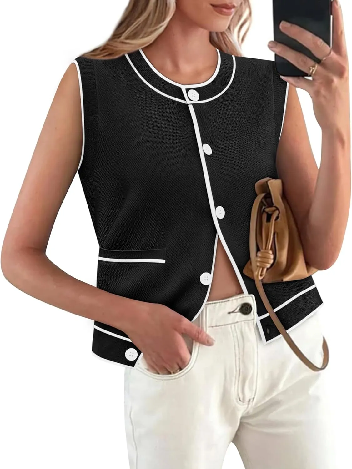 Yousify Womens Knit Tank Tops 2025 Summer Sleeveless Sweater Vest Round Neck Button Down Casual Cardigan with Pockets
