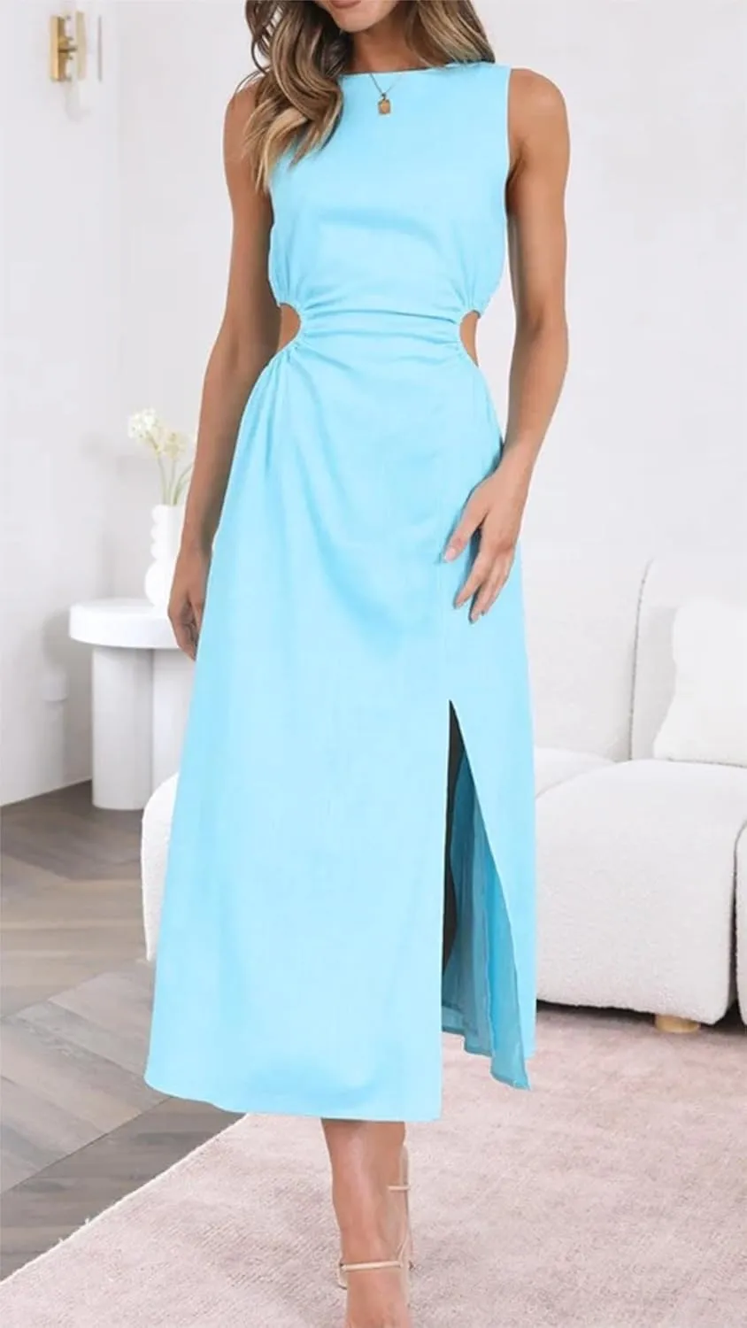 ZWRXW Long Linen Dress for Women Cutout Waist Slit Maxi Dress Summer Casual Crewneck Sleeveless Tank Dress Work Office Dress