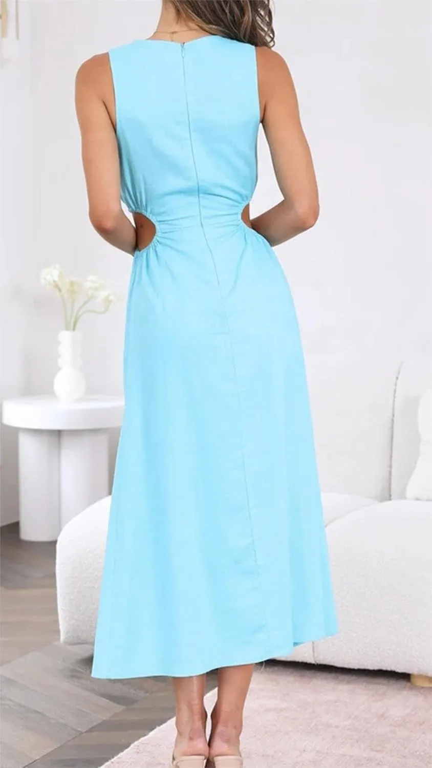 ZWRXW Long Linen Dress for Women Cutout Waist Slit Maxi Dress Summer Casual Crewneck Sleeveless Tank Dress Work Office Dress